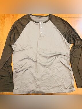 SHEIN Two-Tone Henley Long-Sleeve — Light Gray Body with Dark Brown Sleeves